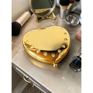 Vintage Gold Tone Heart Solid Perfume Compact Rhinestone Tova Beverly Hills